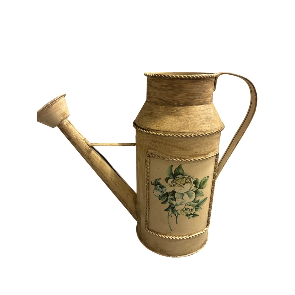 Vintage Farmhouse Decorative Metal Watering Can Floral Rose Pitcher Cream 11.5in